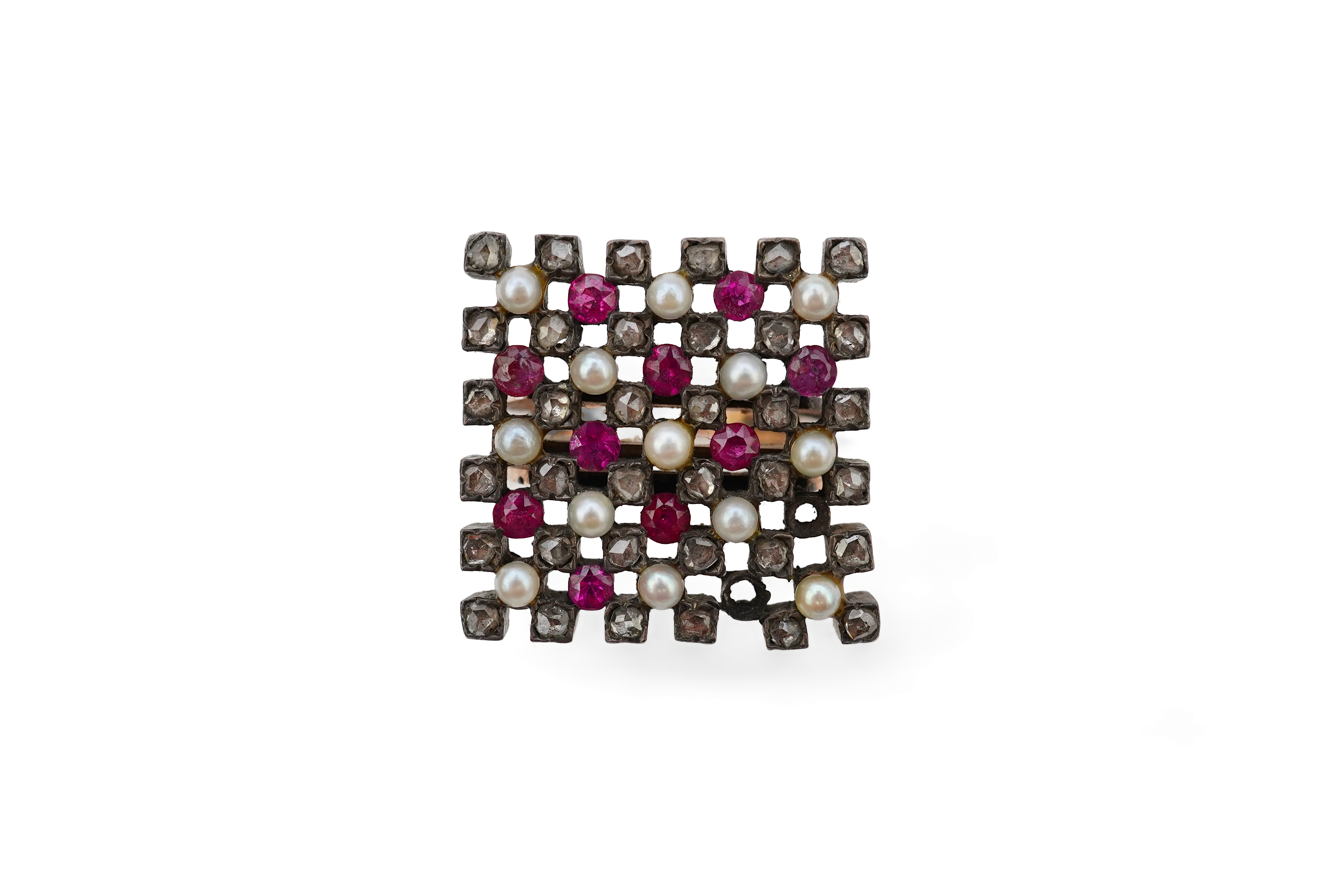 A synthetic ruby, seed pearl and diamond ring